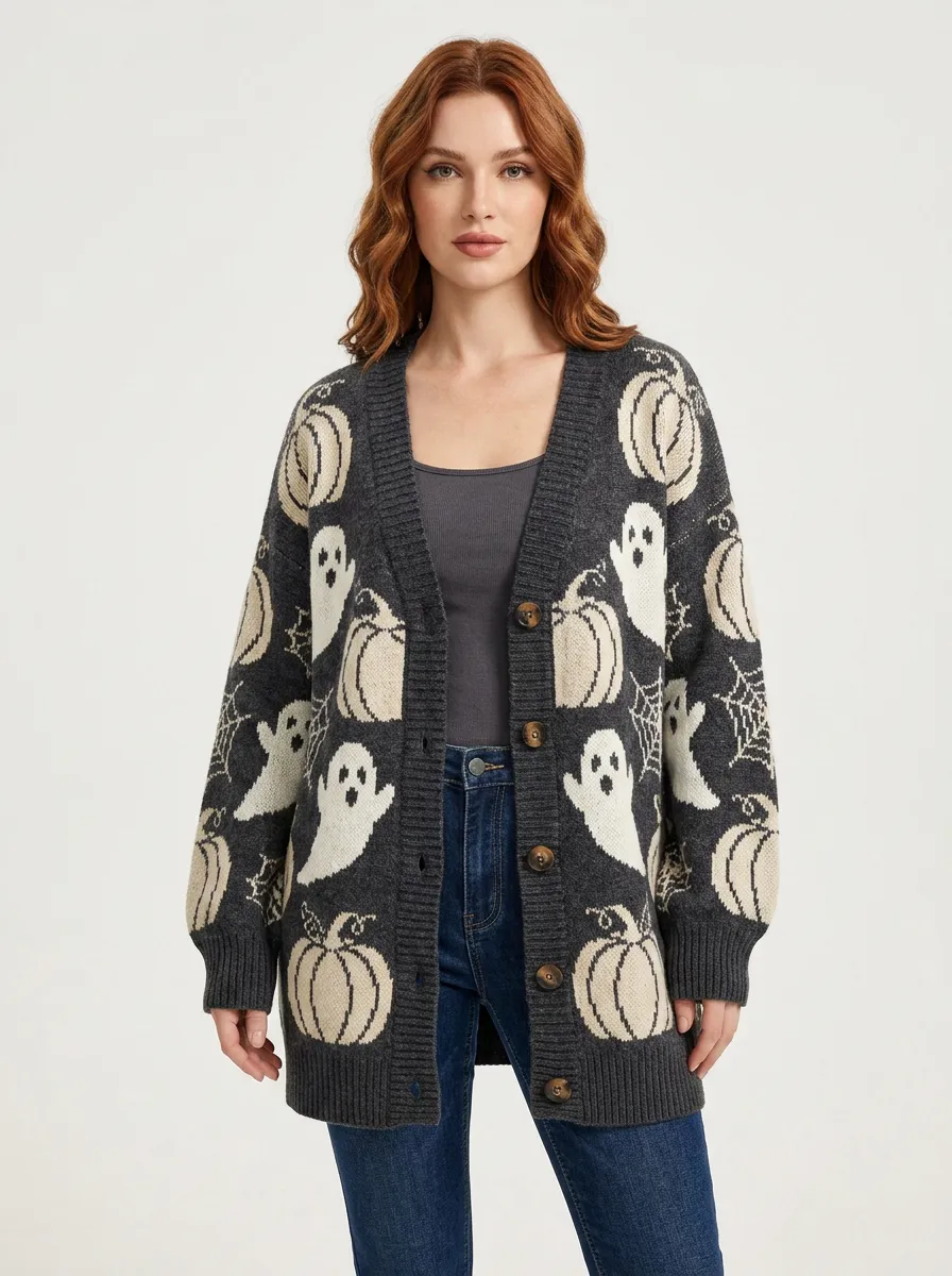 Women's Ghost Pumpkin Spiderweb Halloween Knit Cardigan