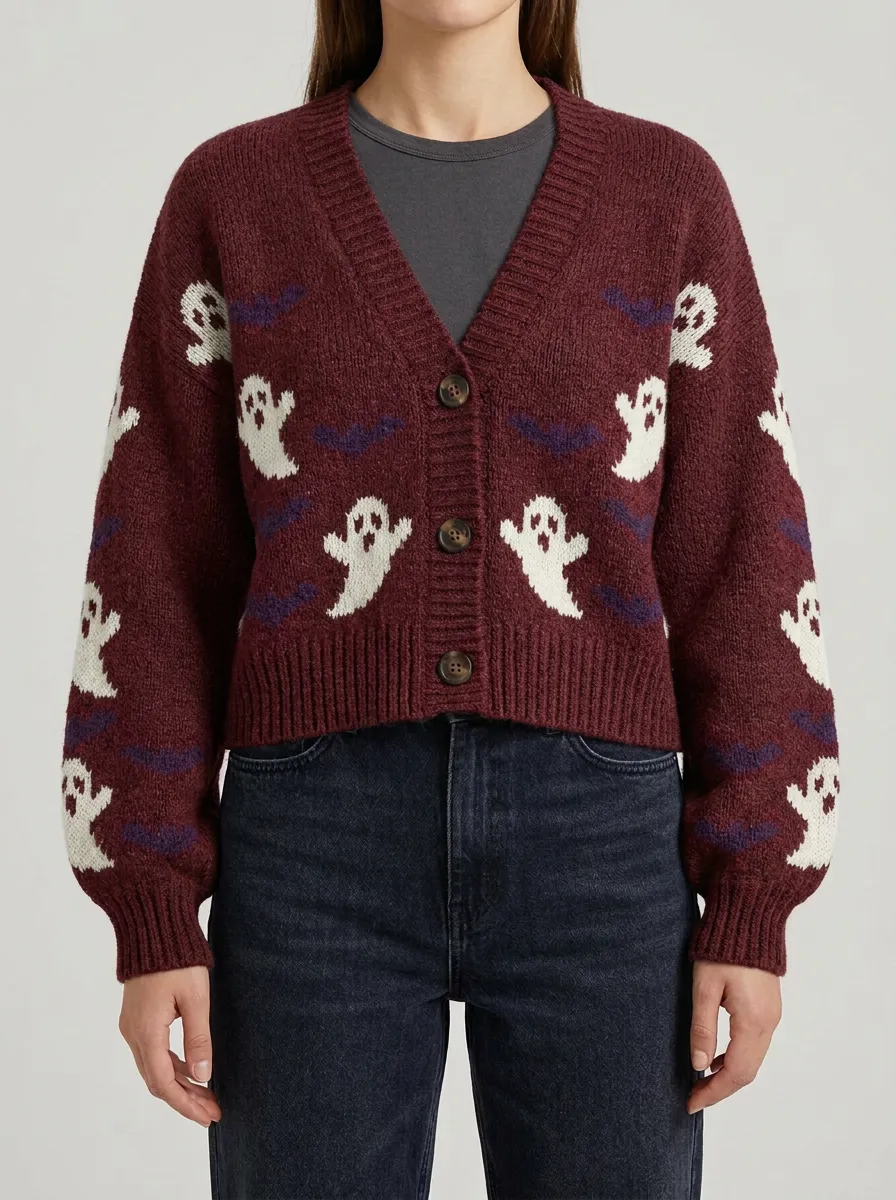 Women's Spooky Ghost and Bat Halloween Knit Cardigan