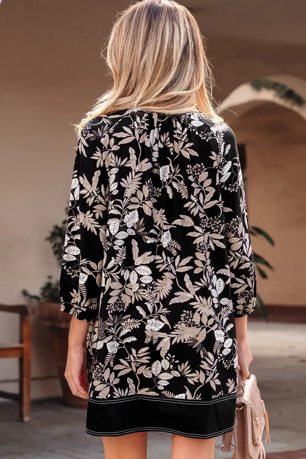 Layered Detail Printed Split Neck Mini Dress