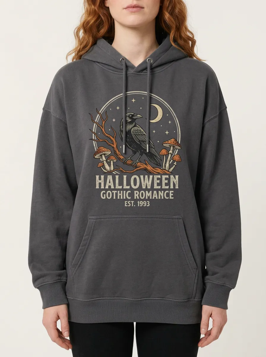 Women's Halloween Gothic Raven Mushroom Printed Hoodie