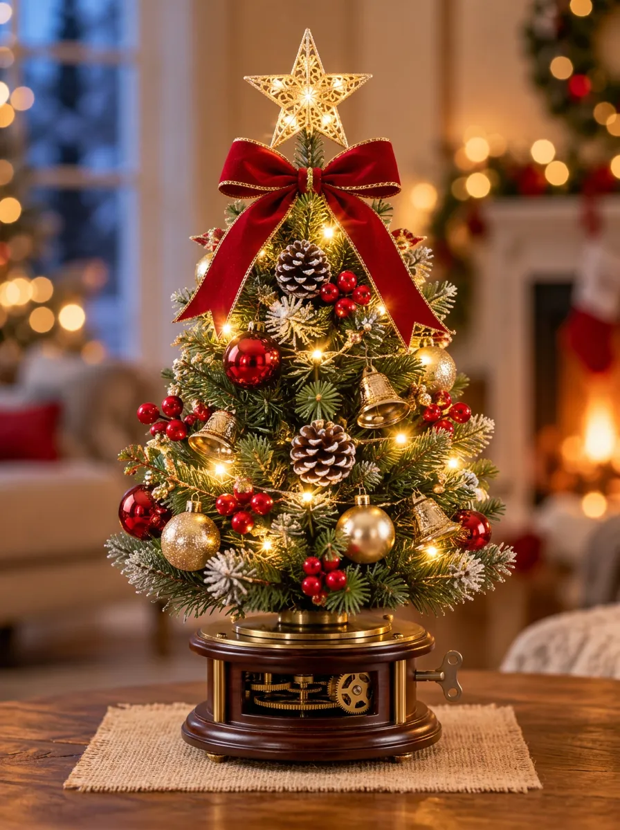 Red Bow Pinecone LED Christmas Tabletop Tree
