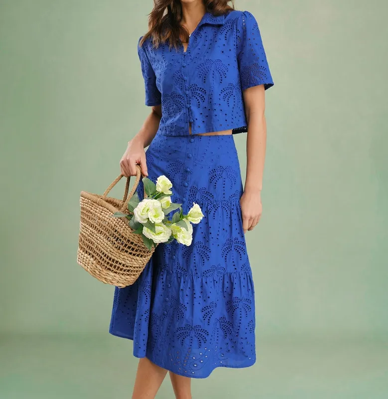Blue Textured Button Collar Blouse