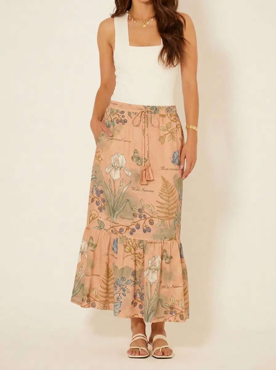 Women's Botanical Nature Lover Iris Butterfly Printed Maxi Skirt