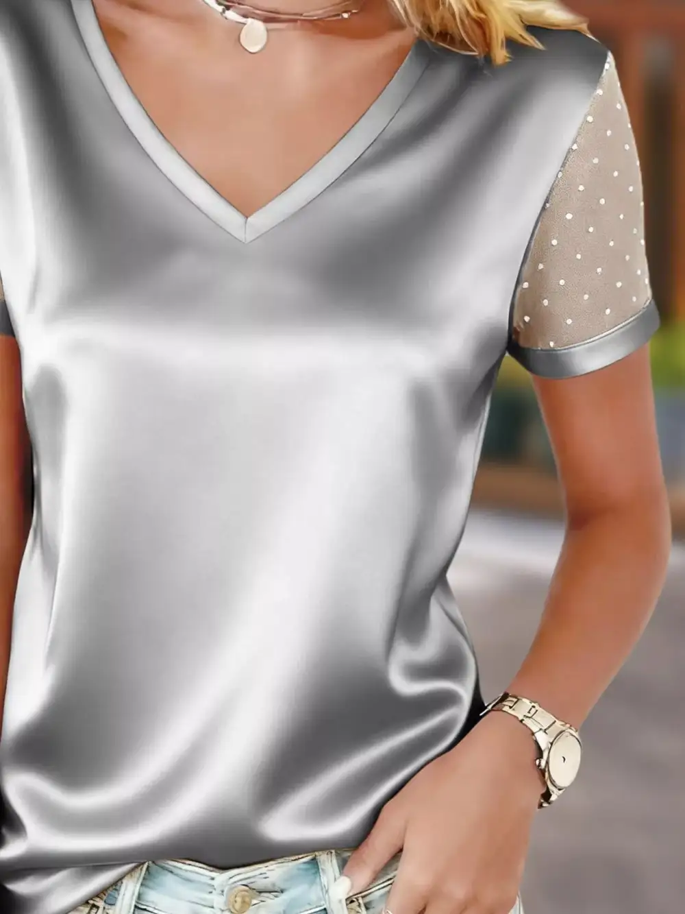 Sheer Sleeve V Neck Top