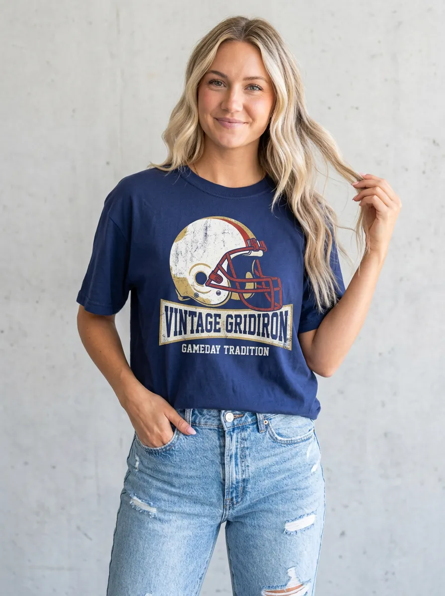Women's Football Fan Vintage Gridiron Helmet Printed T-shirt
