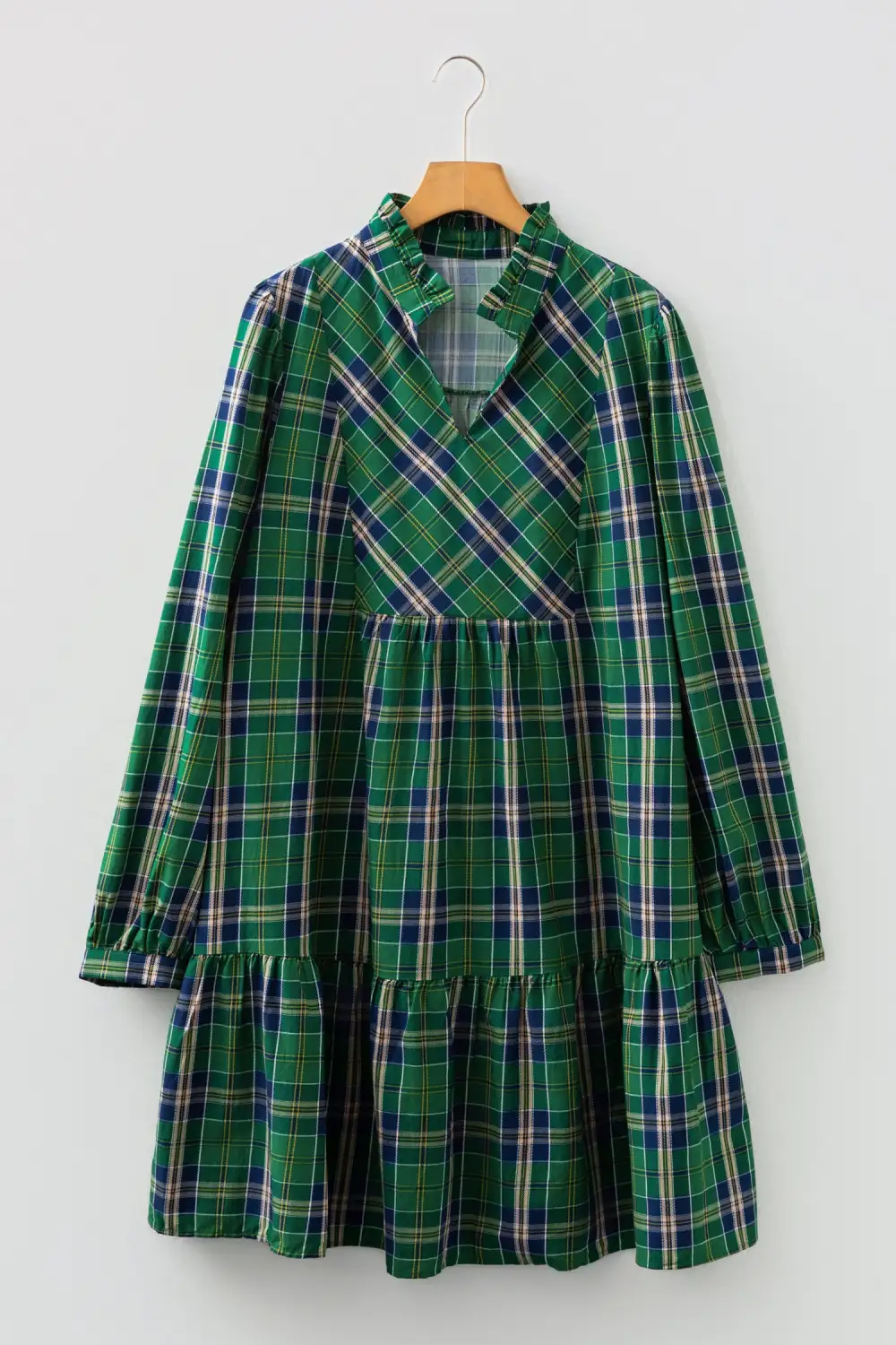 Plaid Split Neck Long Sleeve Mini Dress