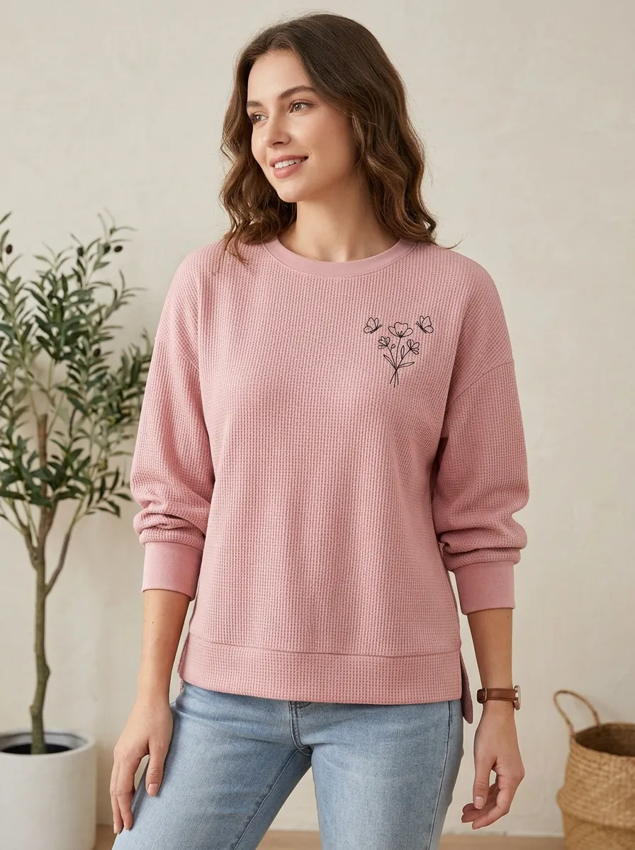 Women's Floral Butterfly Minimalist Line Art Printed Waffle Knit Sweatshirt