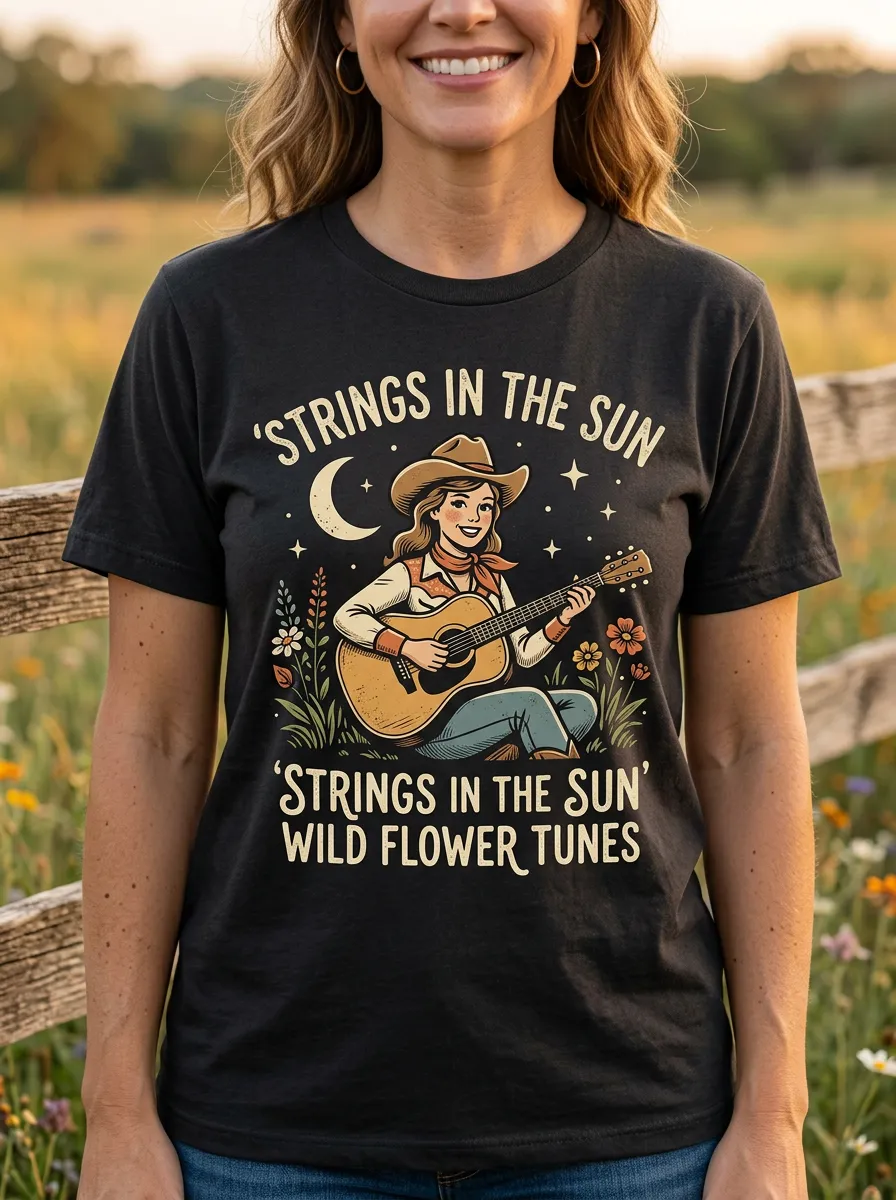 Honky-Tonk-Inspired Guitar Cowgirl Country Music Crewneck T-Shirt