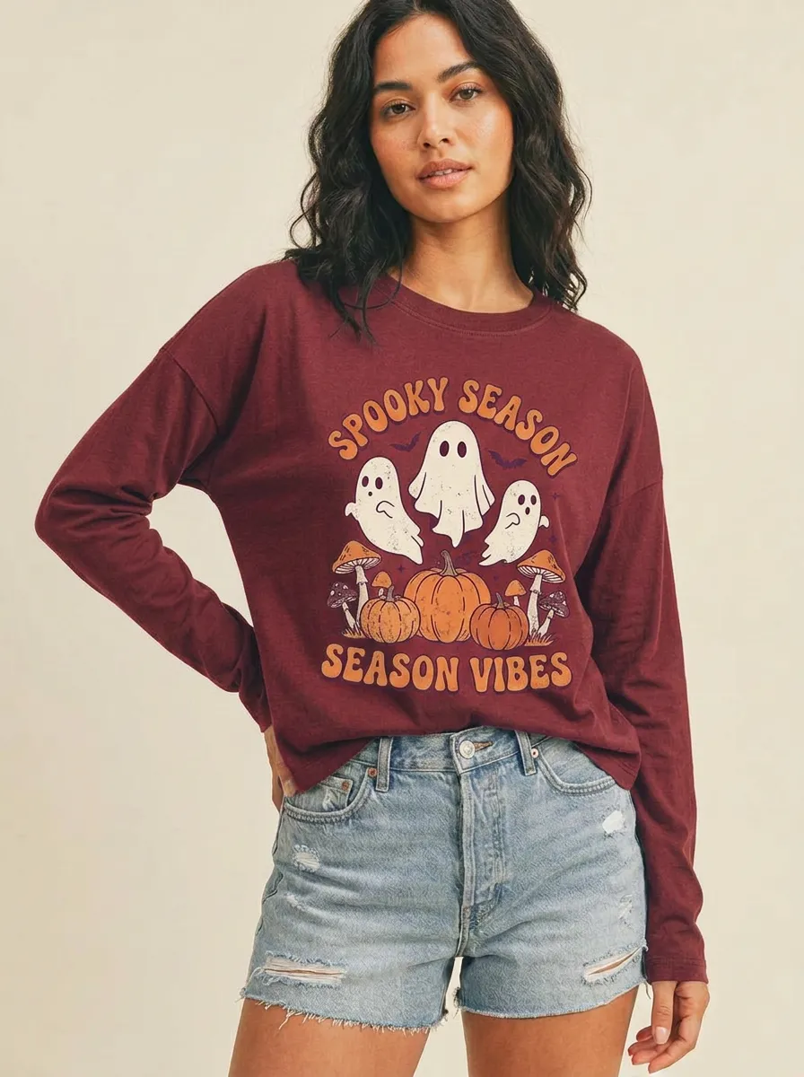 Women's Halloween Spooky Season Ghost Pumpkin Mushroom Printed Long Sleeve Top