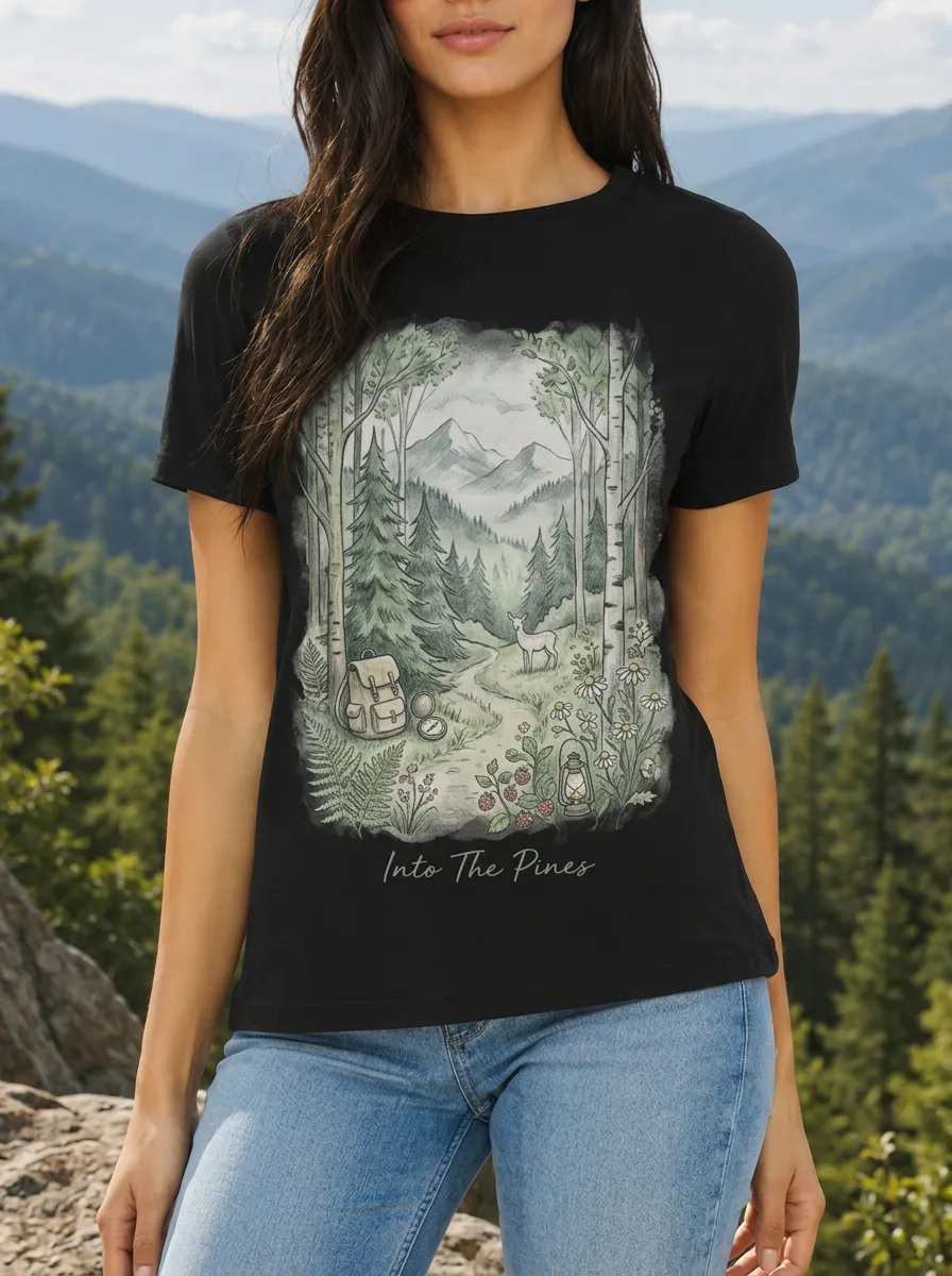 Women's Nature Hiking Deer Forest Mountain Printed T-shirt