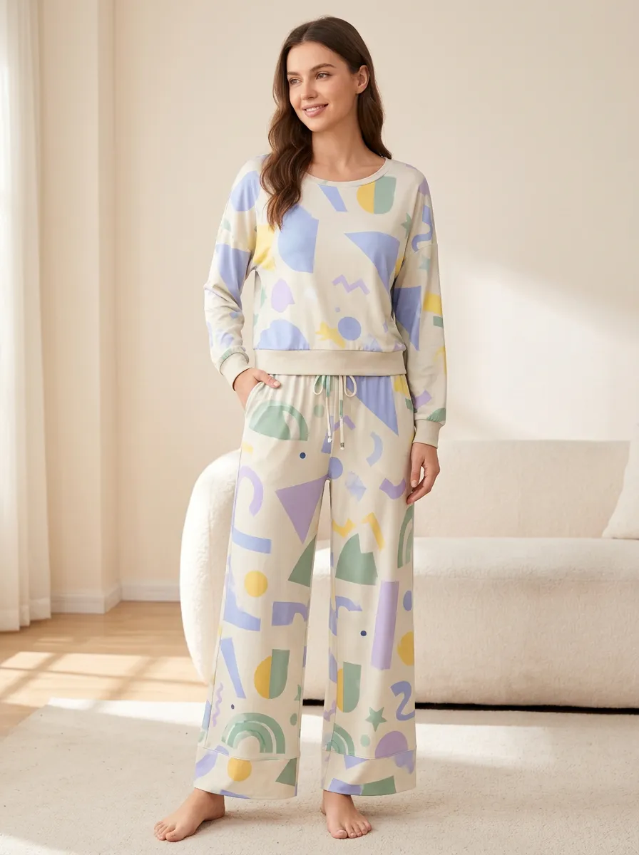 Drop Shoulder Geometric Wide Leg Lounge Set