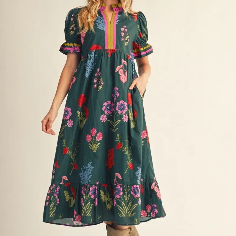 Floral Ruffle Detail Short Sleeve V-Neck Dress