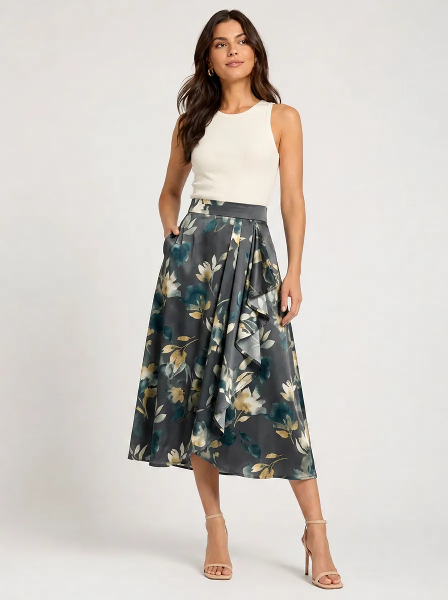 Women's Floral Botanical Dark Grey Ruffle Printed Midi Skirt