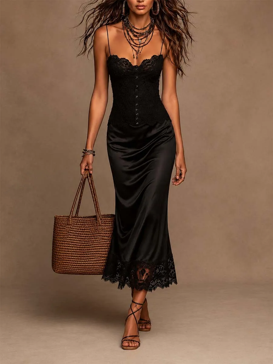 Vintage Lace Cami Spliced Satin Lace Hem Midi Dress