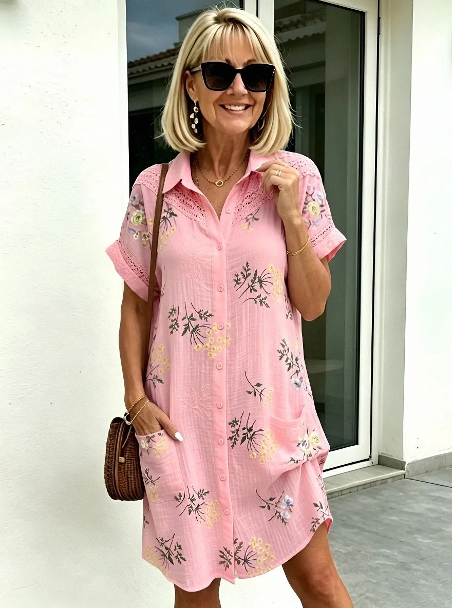 Women's Summer Vacation Floral Embroidered Printed Shirt Dress
