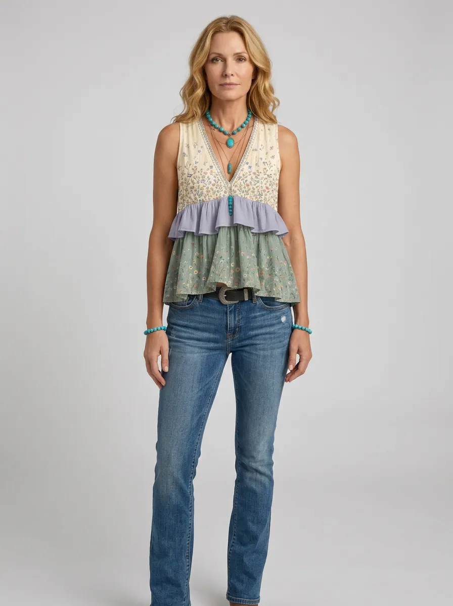 Women's Boho Floral Wildflower Ruffle Printed Short Sleeve Shirt
