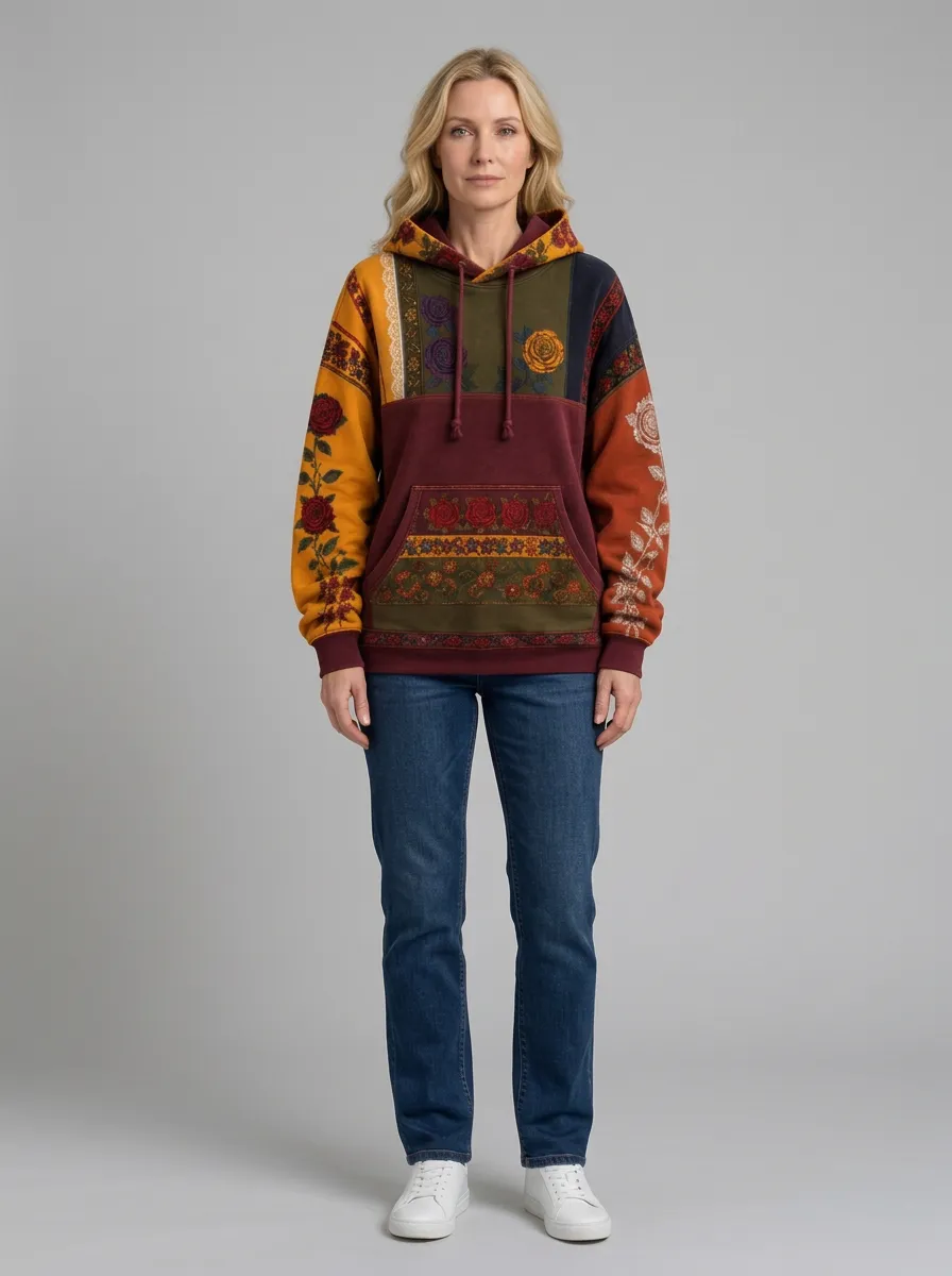 Women's Western Boho Rose Floral Patchwork Printed Hoodie