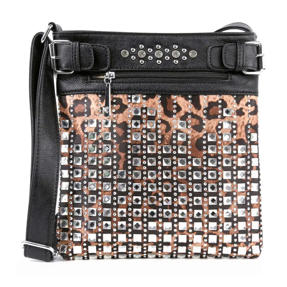 Crystal Accent Pocketed Animal Print Faux Leather Crossbody Sling Bag