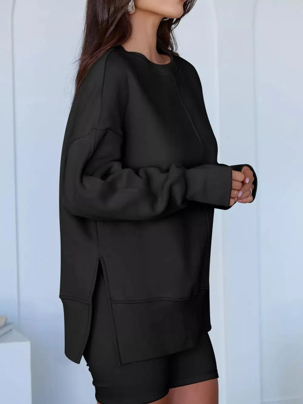 Side Slit Round Neck Long Sleeve Sweatshirt