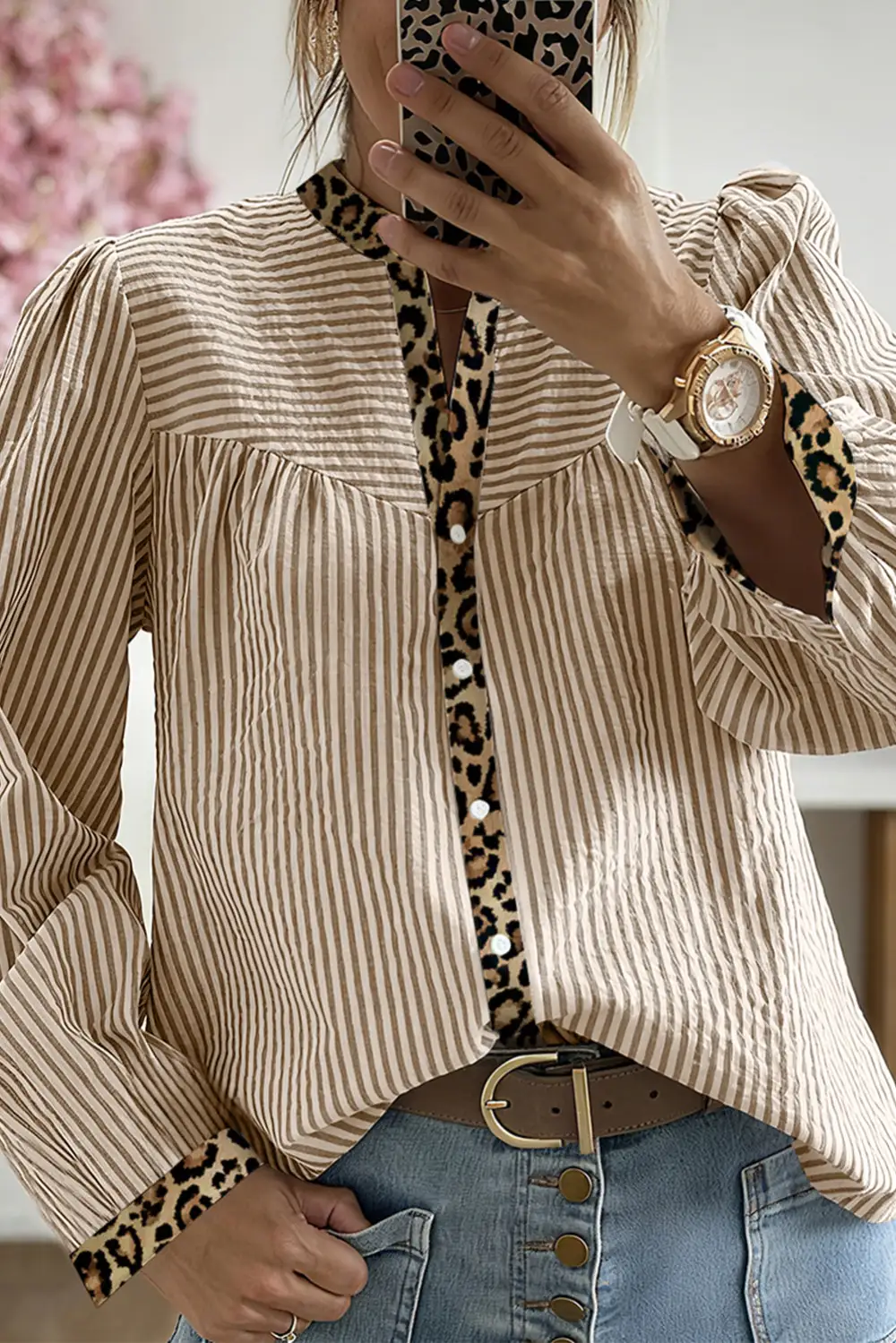 Striped Leopard Print Patchwork Shirt Blouse