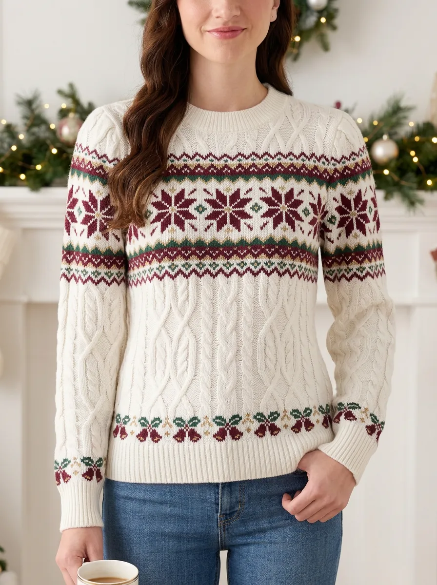 Christmas Holiday Snowflake Bell Pattern Knitted Sweater