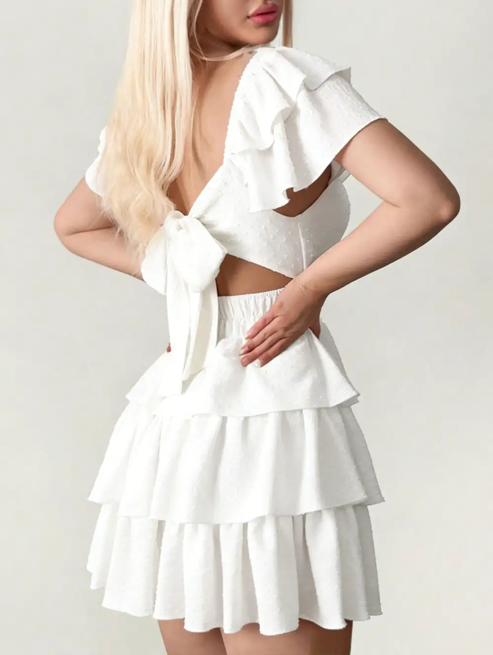 Square Neck Ruffle Backless Mini Dress