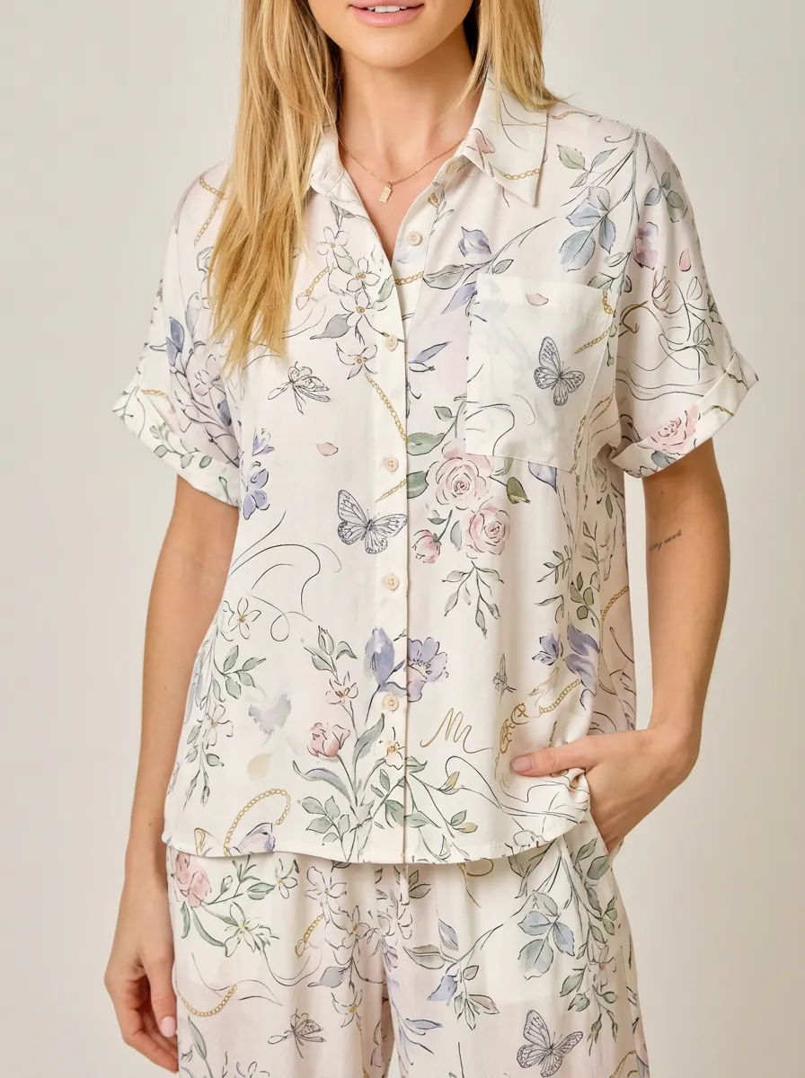 Women's Floral Butterfly Chain Printed Button-Down Shirt
