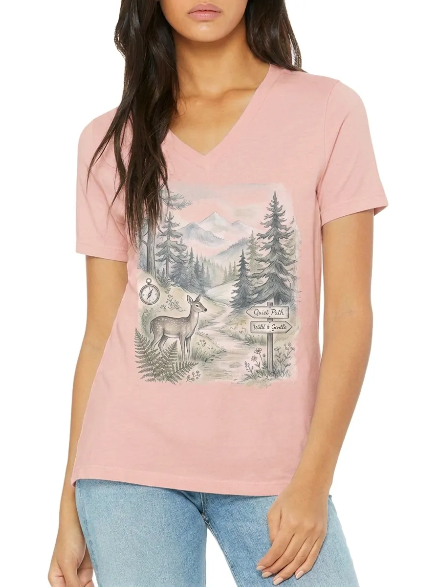 Women's Nature Lover Deer Forest Path Printed V-neck T-shirt