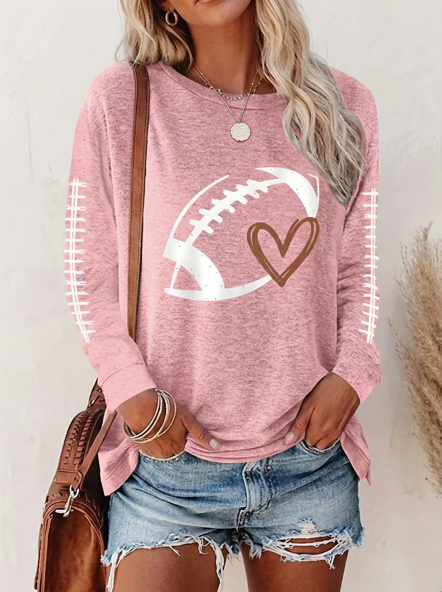 Women's Classic Football Ball Heart Long Sleeve Graphic T-Shirt