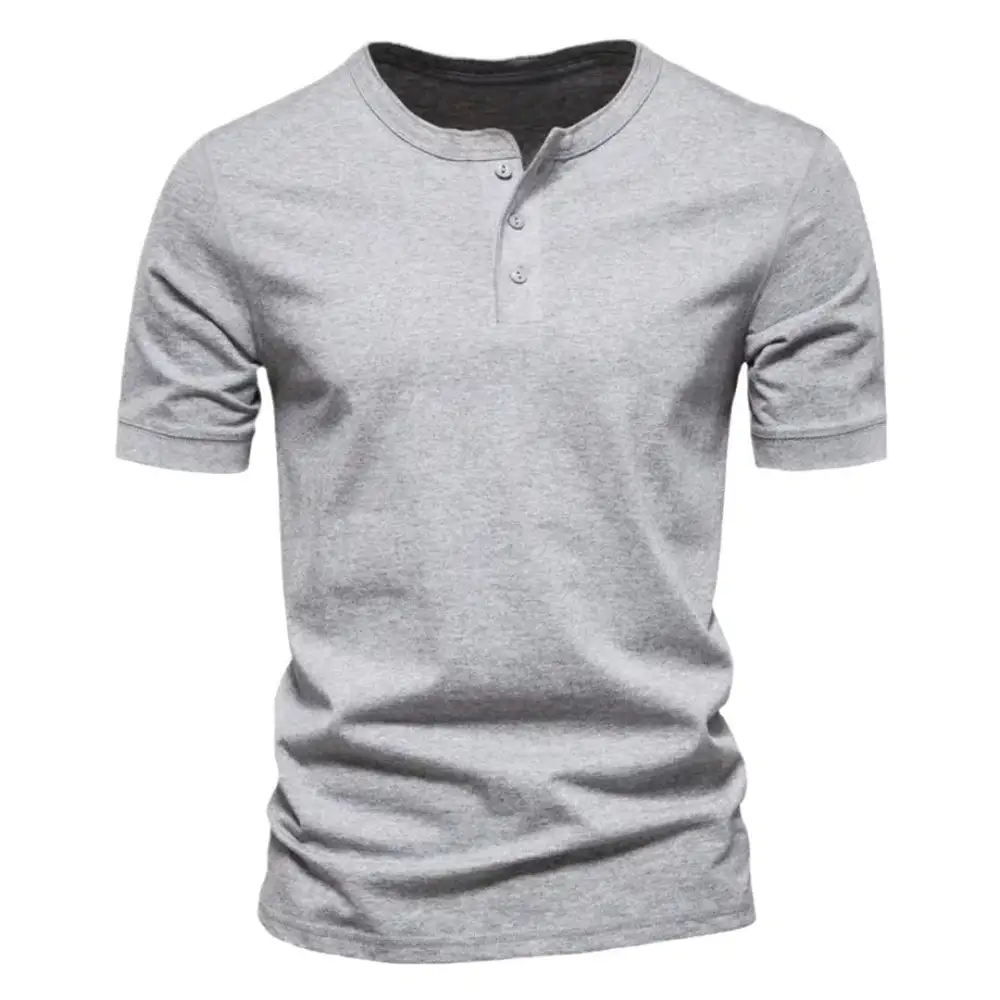 Men's Tailored Short-Sleeve Henley Shirt Cotton Blend With Button Placket