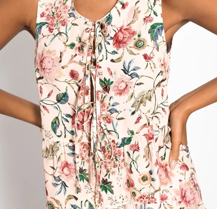 Cream Beige Floral Print Tie Top