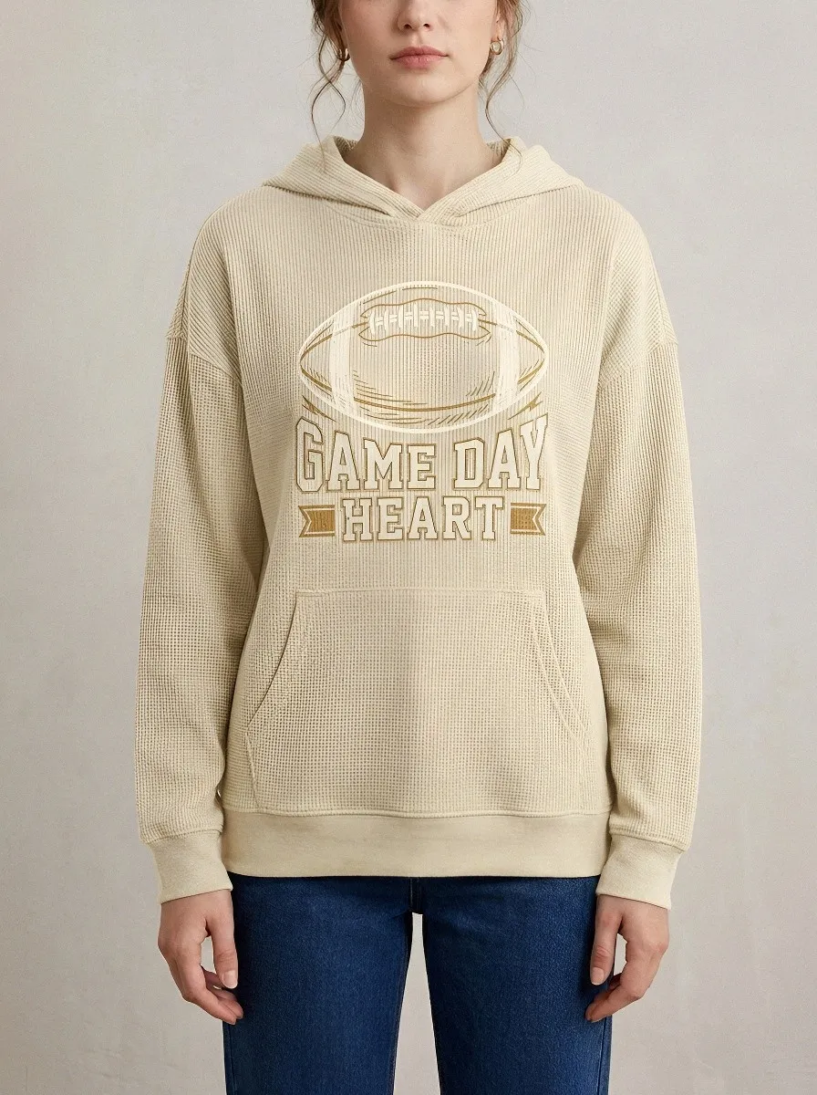 Women's Easygoing Football Lover Game Day Heart Printed Waffle Hoodie