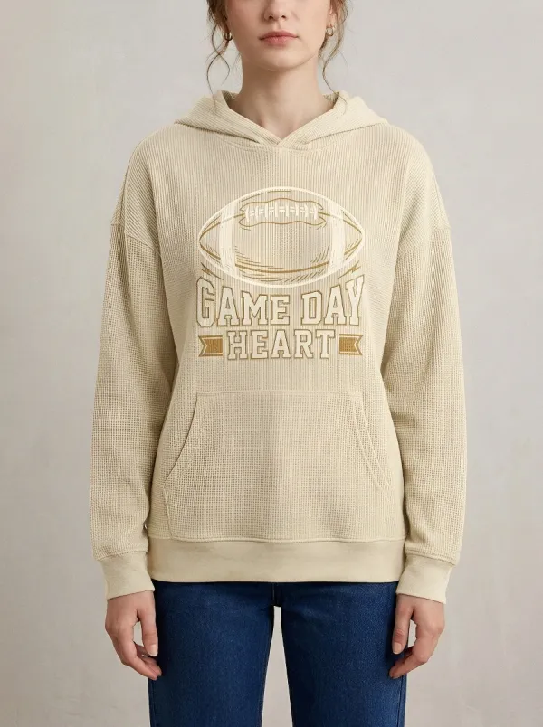 Women's Easygoing Football Lover Game Day Heart Printed Waffle Hoodie