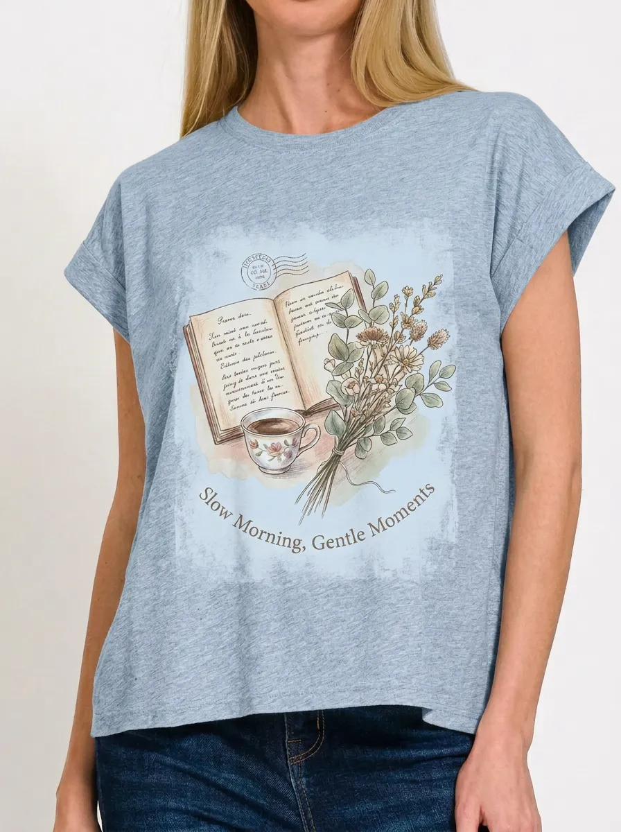 Women's Book Coffee Flower Lover Slow Morning Printed T-shirt