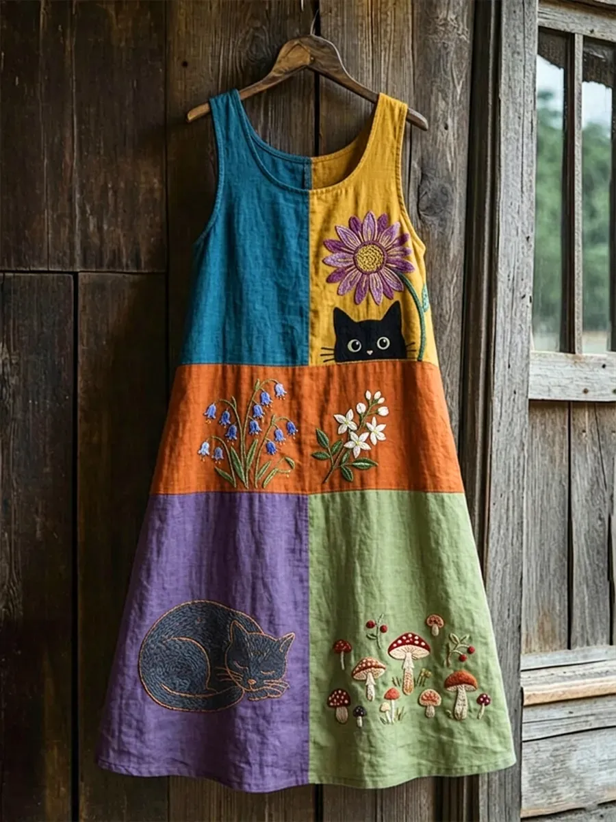 Women's Retro Floral Cat Sleeveless Midi Dress