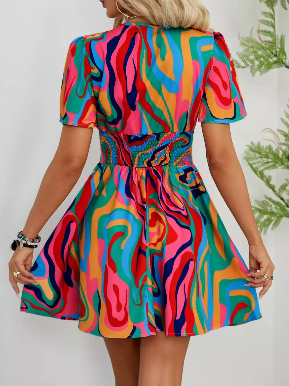 Smocked Short-Sleeve Cotton Mini Dress