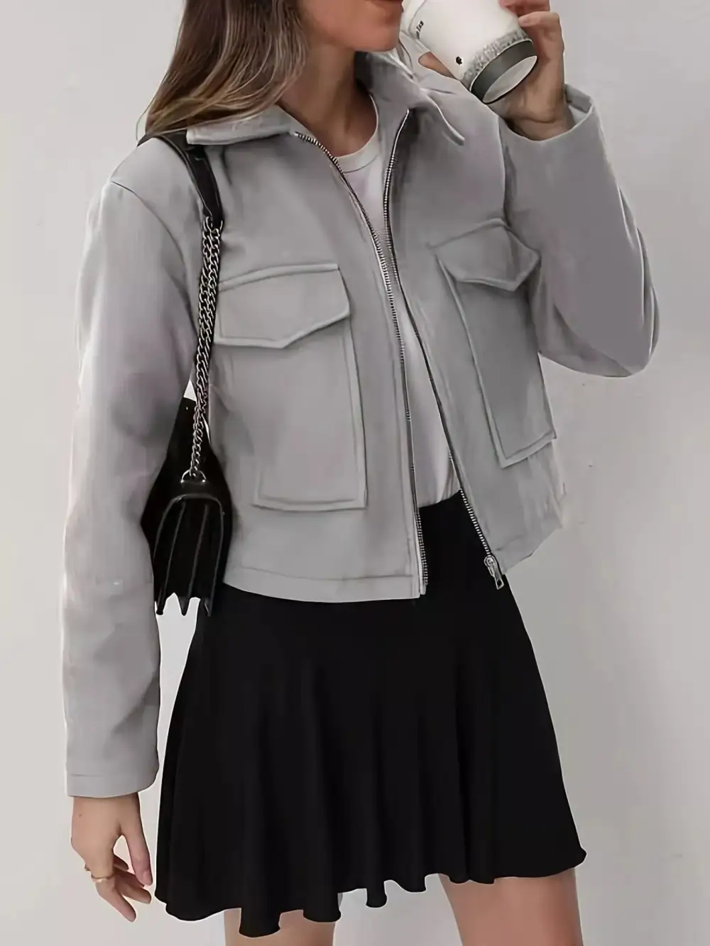 Cropped Zip-Up Pocketed Jacket