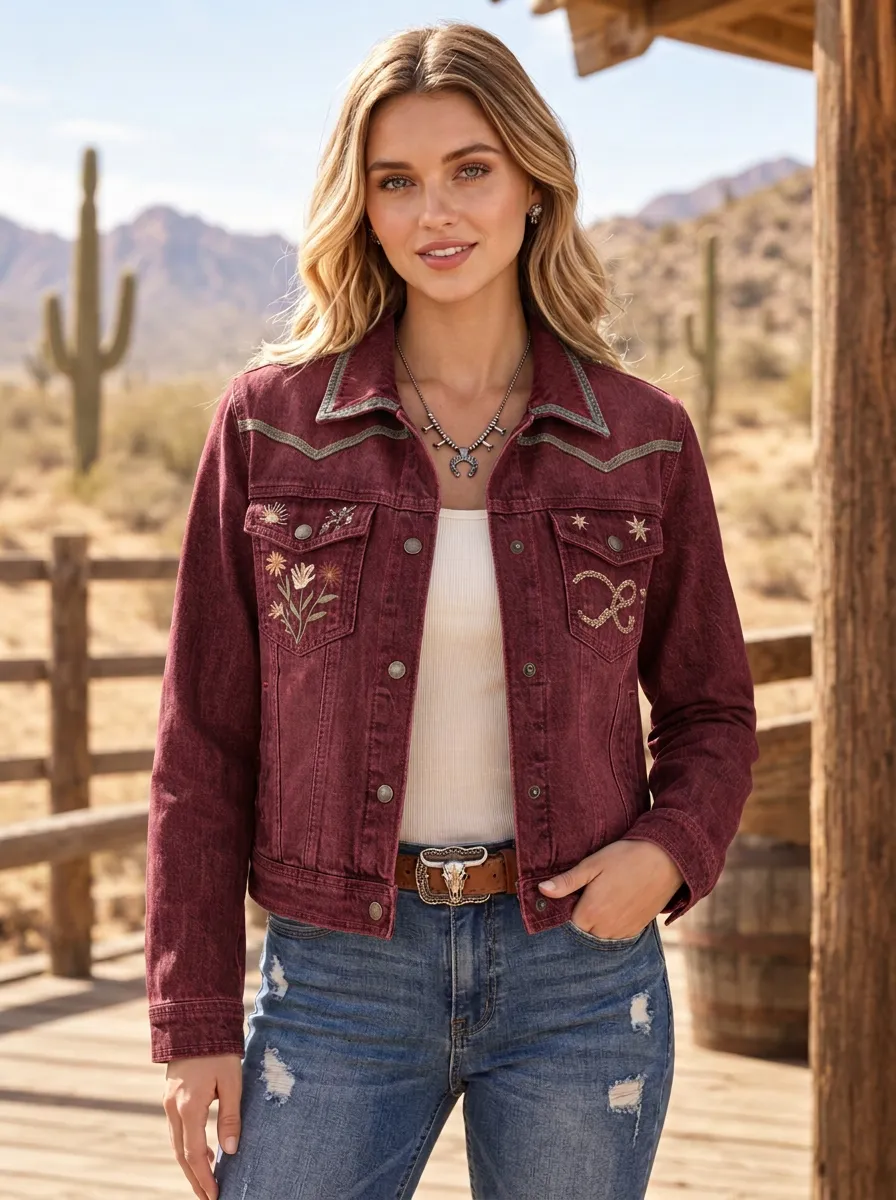 Women's Western Cowgirl Star Floral Embroidered Denim Jacket
