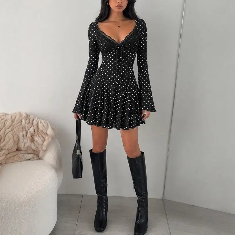 Women's V-Neck Long-Sleeve Polka-Dot Evening Mini Dress