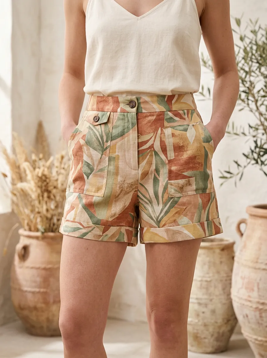 Women's Botanical Leaf Print High-Waisted Printed Shorts