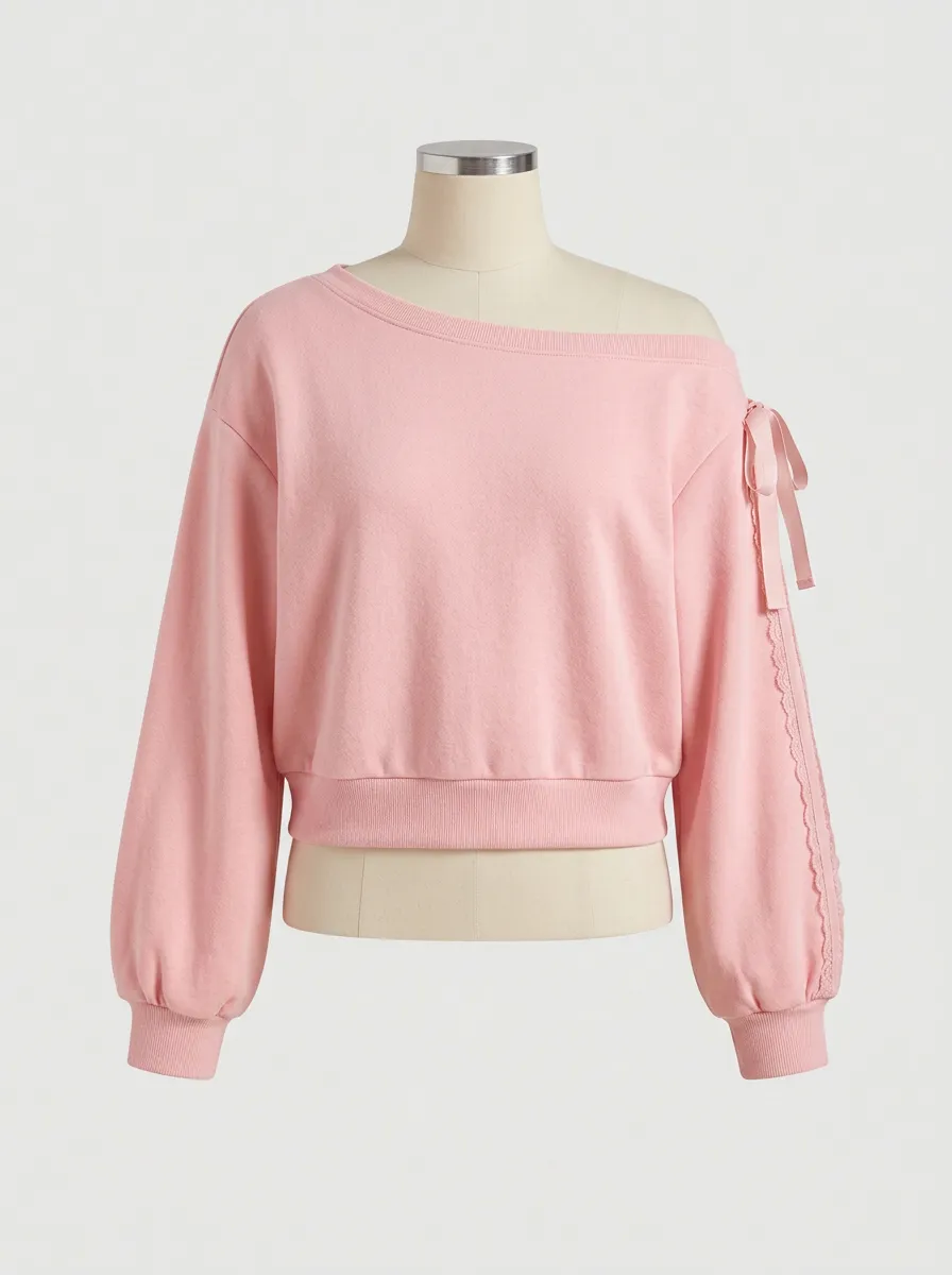 Women's Pink Aesthetic Off-Shoulder Ribbon Detail Long Sleeve Top