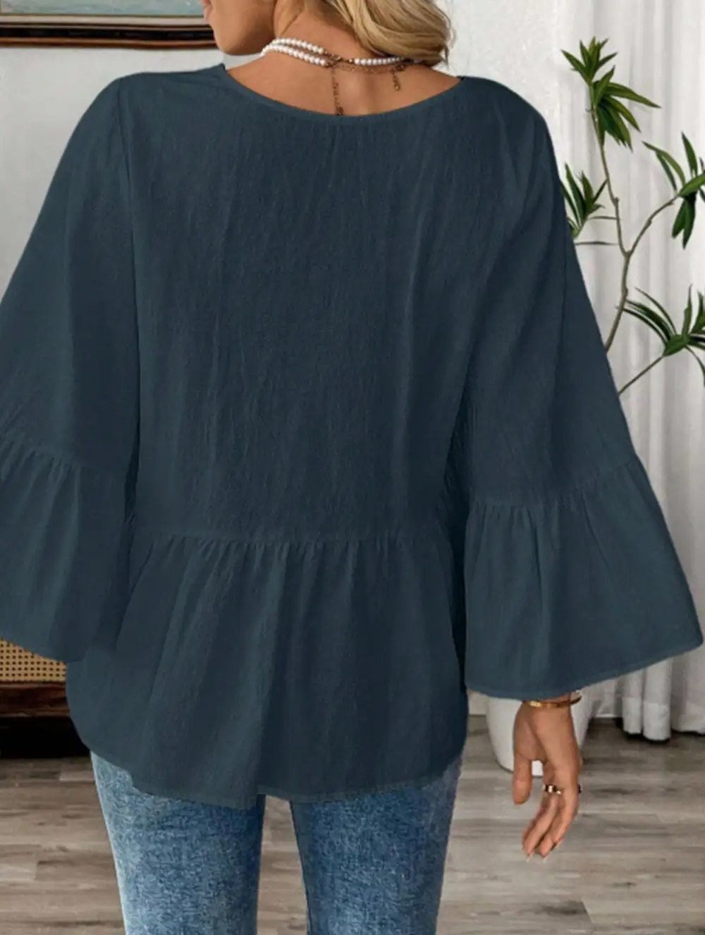 V Neck Ruffle Sleeve Cotton Blouse