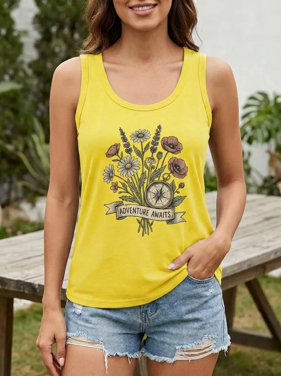Women's Adventure Travel Lover Compass Flower Printed Tank Top