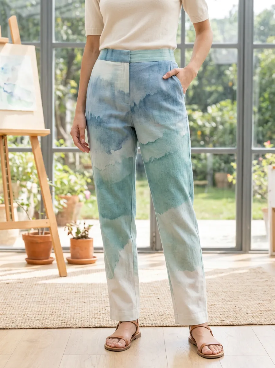 Women's Watercolor Landscape Blue Printed Pants