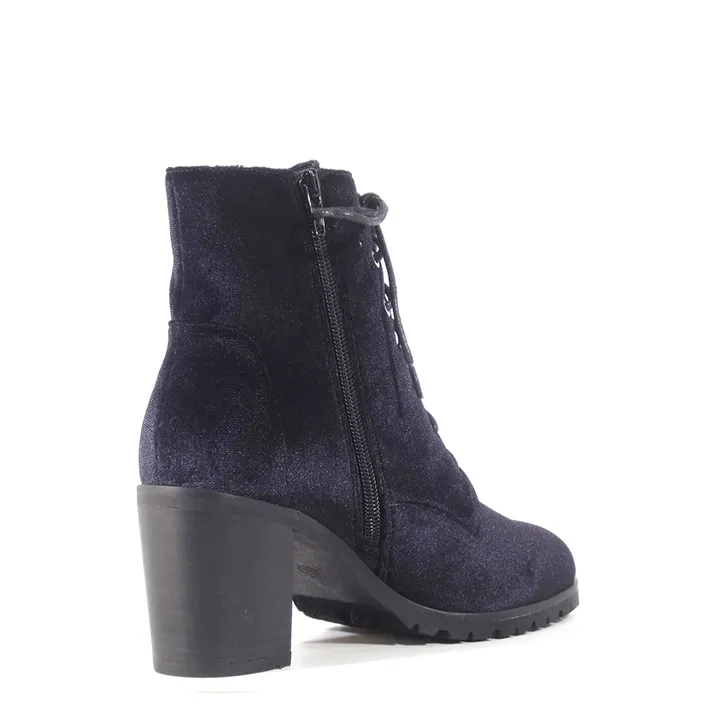 Velvet Lace Up Lug Sole Ankle Boots