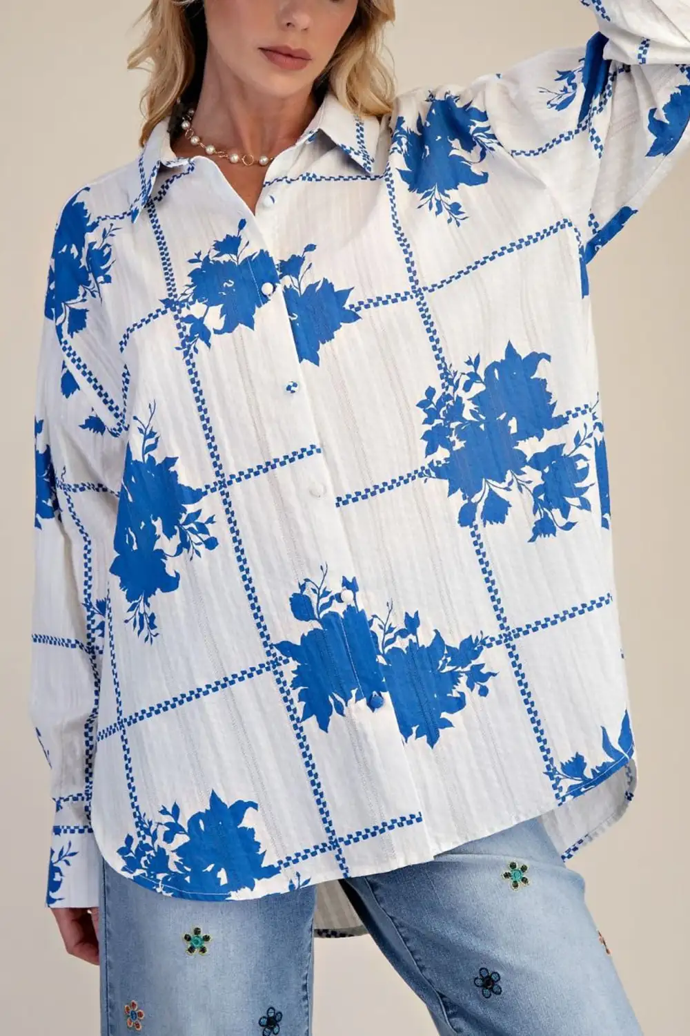 Floral Textured Button Front Collared Shirt