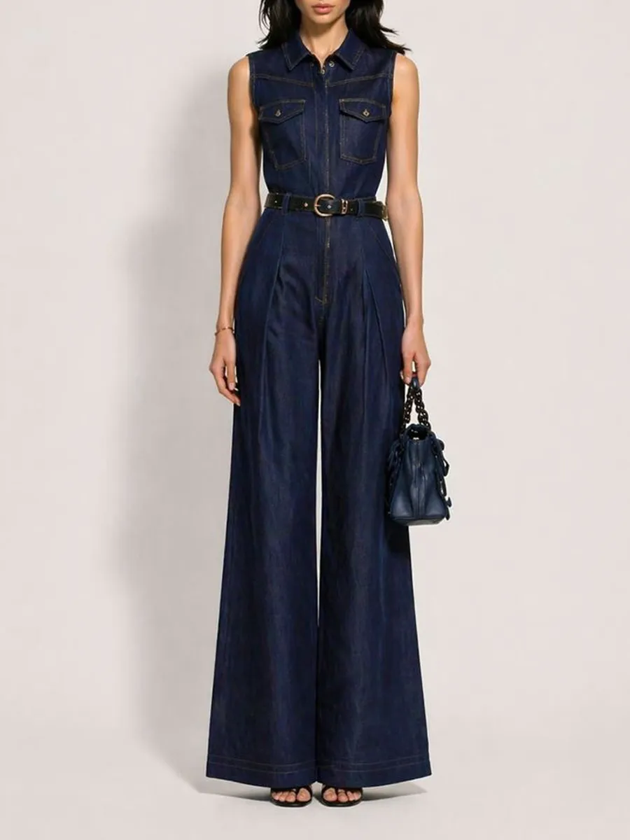 Juliette Sleeveless Collared Straight-Leg Denim Jumpsuit