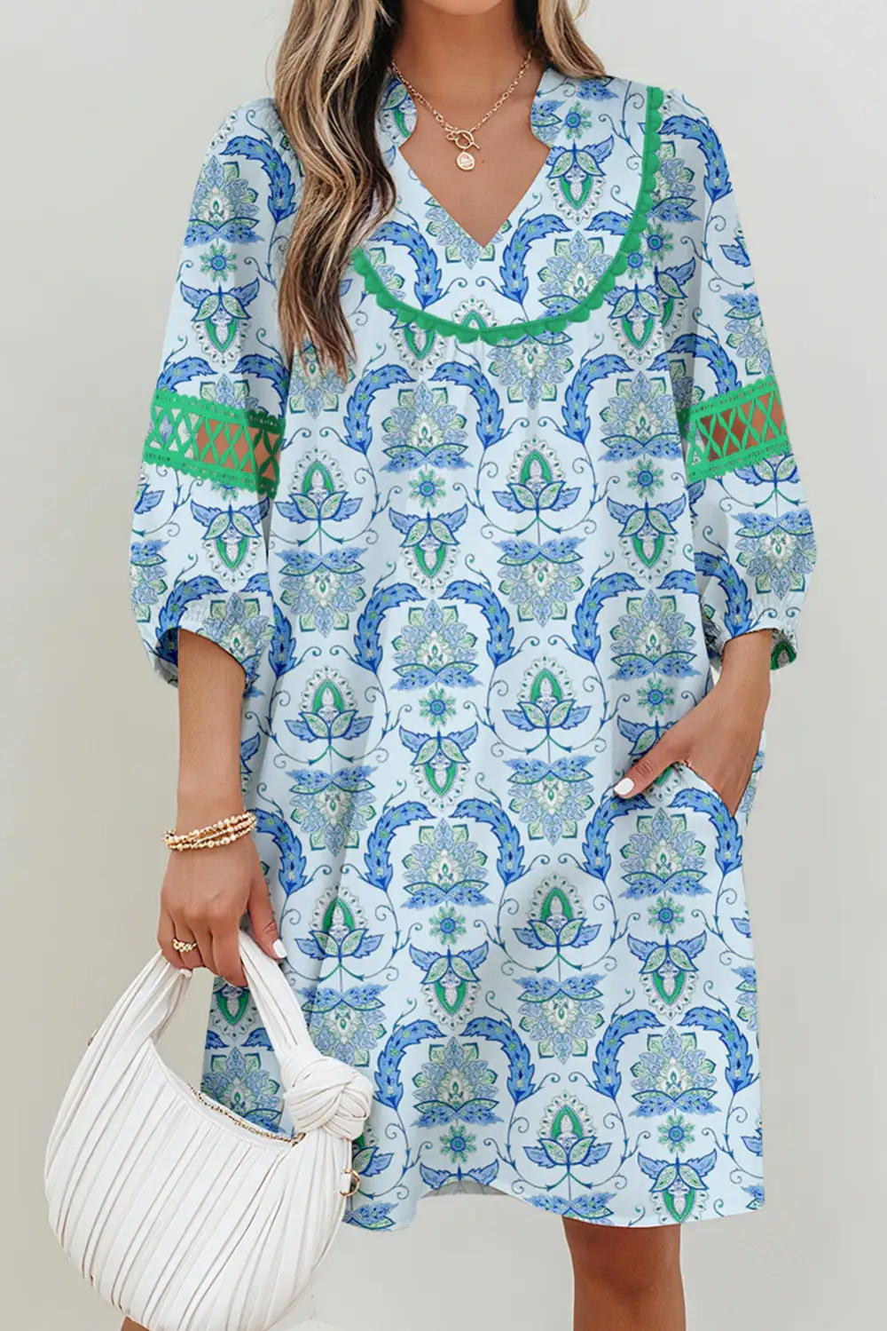 Sky Boho Paisley Print Contrasted Patchwork Detail Bracelet Sleeve Loose Mini Dress