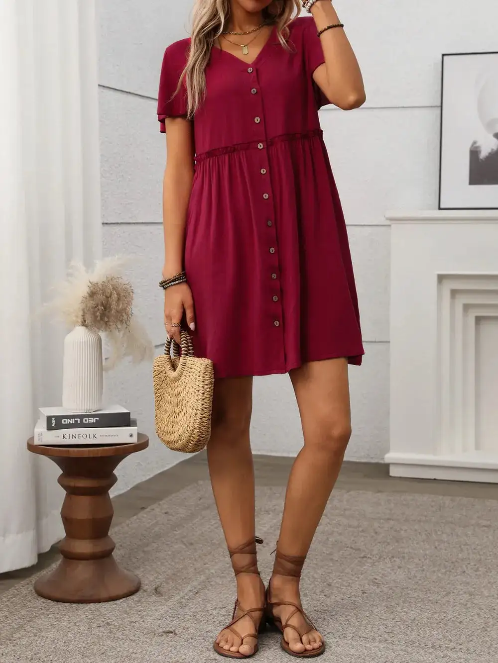 Flutter Sleeve Button Front Dress