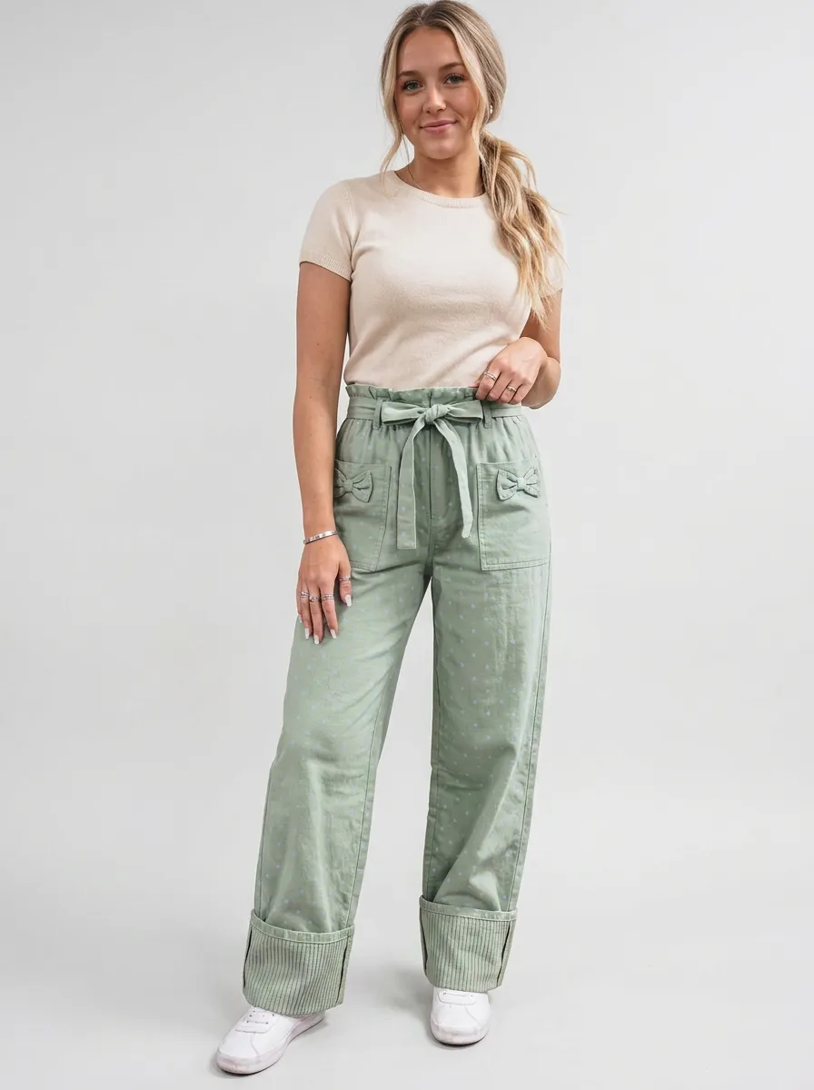 Women's Sage Green Polka Dot Bow Pocket Printed Trousers
